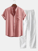 Short Sleeve Stand Collar Shirt & Straight Leg Linen Pants